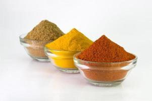 Spice Powder Chili, Turmeric and Coriander in Bowl isolated on White background. photo