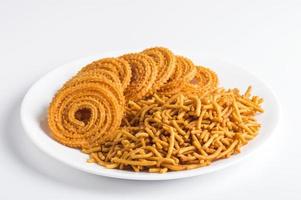 Indian Snack Besan Gram flour Sev and chakli, chakali or Murukku. photo