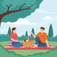 hombre y mujer se sientan en el exterior para hacer un picnic vector