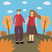 Date in a park.  Man and woman walking while holding hands. vector