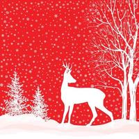 Snow winter landscape with deer. Abstract vector illustration of winter snowy forest and wild reindeer. Snow winter wonderland greeting card background.