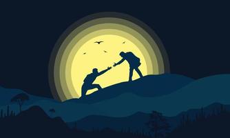 Helping hand silhouette, mountain, moonlight vector illustration