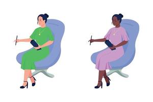 Female counselors sitting in armchairs semi flat color vector characters set