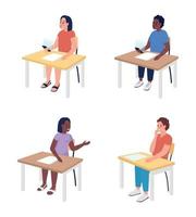 Pupils sitting at desks semi flat color vector characters set