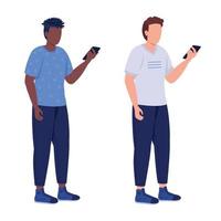 Guys spending time on smartphone semi flat color vector characters set