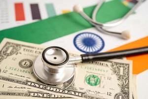 Black stethoscope on India flag background with US dollar banknotes, Business and finance concept. photo