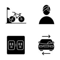 Apartment amenities glyph icons set. Bike parking, spa, shared car service, charging outlets. Residential services. Luxuries for dwelling inhabitants. Silhouette symbols. Vector isolated illustration