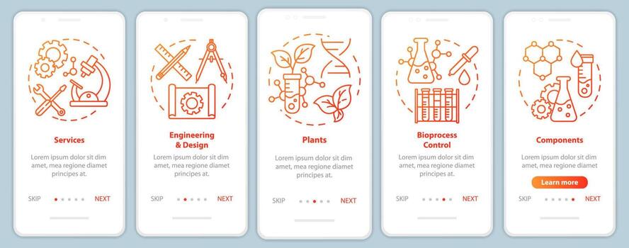 Bioengineering onboarding mobile app page screen vector template. Walkthrough website steps with linear illustrations. Services and plants, components. UX, UI, GUI smartphone interface concept
