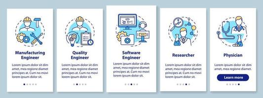 Bioengineering jobs onboarding mobile app page screen with linear concepts. Researcher and physician. Five walkthrough steps graphic instructions. UX, UI, GUI vector template with illustrations