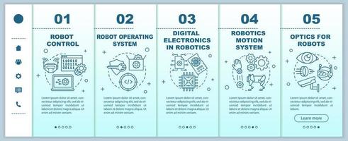 Robotics courses onboarding mobile web pages vector template. Cybernetics. Responsive smartphone website interface idea with linear illustrations. Webpage walkthrough step screens. Color concept