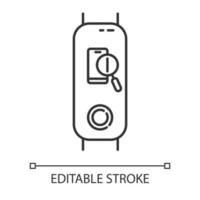 Fitness tracker with smartphone finder linear icon. Wellness gadget with lost cellphone location function. Thin line illustration. Contour symbol. Vector isolated outline drawing. Editable stroke