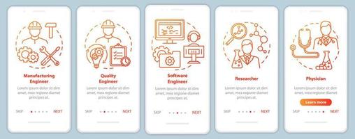 Bioengineering jobs onboarding mobile app page screen vector template. Walkthrough website steps with linear illustrations. Researcher and physician. UX, UI, GUI smartphone interface concept