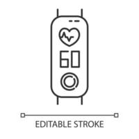 Fitness tracker with heart rate monitoring linear icon. Wellness device with heartbeat sign. Fitness app with pulse. Thin line illustration. Contour symbol. Vector isolated drawing. Editable stroke