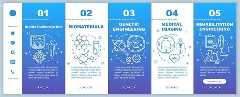 Bioengineering onboarding mobile web pages vector template. Responsive smartphone website interface idea with linear illustrations. Bioinstrumentation. Webpage walkthrough step screens. Color concept
