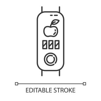 Fitness tracker with calories counter linear icon. Wellness device with nutrition monitoring, meal notification option. Thin line illustration. Vector isolated outline drawing. Editable stroke