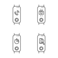 Fitness tracker and smartphone synchronization linear icons set. Incoming call and lost phone option. Distance camera access. Thin line symbols. Isolated vector outline illustrations. Editable stroke