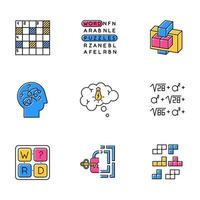 Puzzles and riddles color icons set. Construction, word puzzle. Crossword. Math problem. Puzzled mind. Logic games. Mental exercise. Brain teaser. Solution finding. Isolated vector illustrations