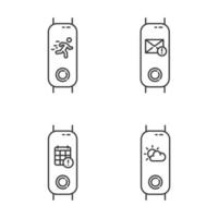 Fitness tracker notifications linear icons set. Wellness device with weather forecast. Gadget with calendar, mail reminder. Thin line symbols. Isolated vector outline illustrations. Editable stroke