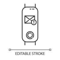 Fitness tracker with incoming mail notification on display linear icon. Device with correspondence reminder. Thin line illustration. Contour symbol. Vector isolated outline drawing. Editable stroke