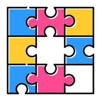 Jigsaw puzzle color icon. Tiling, assembly game. Interlocking pieces. Mental exercise. Ingenuity, intelligence test. Brain teaser. Problem solving. Solution finding. Isolated vector illustration