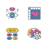 Puzzles and riddles color icons set. Trivia quiz. Nonogram. Logic games. Problem solving process. Mental exercise. Challenge. Visual brain teasers. Solution finding. Isolated vector illustration