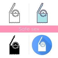 Condom icon. Male rubber contraceptive in package. Pregnancy prevention. Safe sex. Sexually transmitted infection protection. Flat design, linear and color styles. Isolated vector illustrations