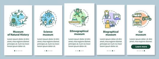 Pantalla de la página de la aplicación móvil de incorporación de exposiciones y museos con conceptos lineales. historia Natural. instrucciones gráficas de cinco pasos de tutorial. ux, ui, plantilla de vector de interfaz gráfica de usuario con ilustraciones