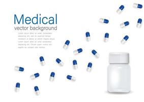 Vector banner with 3d realistic plastic bottle and pills design template, clipart, mockup. Medical background isolated on white background.