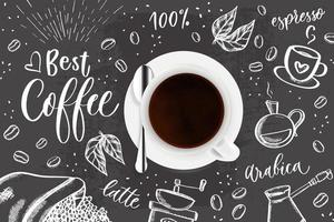 Coffee doodle - sketch illustration about coffee time. Vector background with doodle sketch illustration of cafe beans, beverage details for cafe menu.