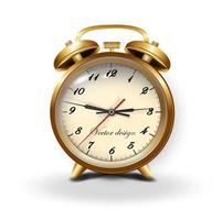 Realistic gold metal alarm clock. Vector illustration on white background
