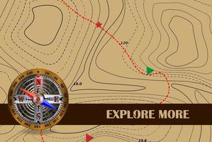 viaje. explorar más y brújula azimutal y mapa. el fondo de la ruta en el mapa de curvas de nivel. símbolo de turismo y viajes. vector