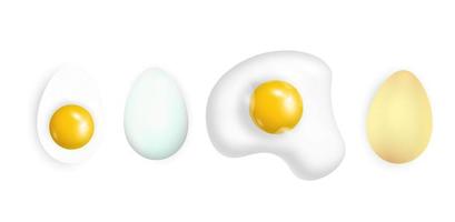 Set of realistic white chicken eggs, halves, gold, broken. Vector illustration isolated on white background.