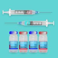 Vaccine bottle with syringe in red and blue on a light blue background. Vaccine medication and injection of syringe vaccine for covid-19. Vector illustration.