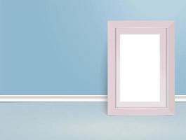 Minimalist layout template for photo presentation. The white picture frame is on the floor against the wall. Empty vector photo frame on the board