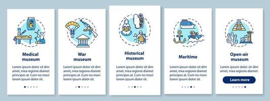 Exhibition and museum onboarding mobile app page screen with linear concepts. Open-air exposition. Five walkthrough steps graphic instructions. UX, UI, GUI vector template with illustrations