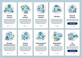 Exhibition and museum onboarding mobile app page screen with linear concepts. Ethnography, biography. Five walkthrough steps graphic instructions. UX, UI, GUI vector template with illustrations