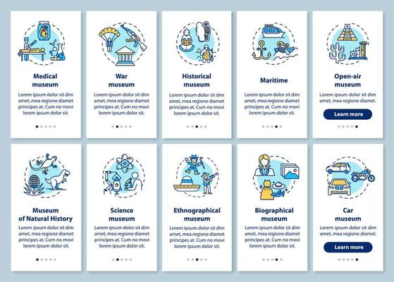 Exhibition and museum onboarding mobile app page screen with linear concepts. Ethnography, biography. Five walkthrough steps graphic instructions. UX, UI, GUI vector template with illustrations