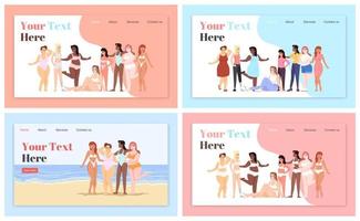 Body positive landing page vector templates set. Marine leisure website interface idea with flat illustrations. Cooking homepage layout. Woman dressed in lingerie web banner, webpage cartoon concept