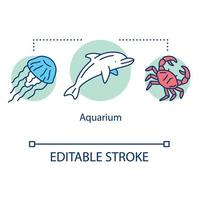 Aquarium concept icon. Tropical underwater animals. Marine life display. Water zoo. Nautical wildlife exposition idea thin line illustration. Vector isolated outline drawing. Editable stroke