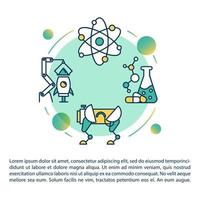 icono de concepto de feria de ciencias con texto. biotecnología y química. robótica, construcción de cohetes. plantilla de vector de página de artículo. folleto, revista, elemento de diseño de folleto con ilustraciones lineales