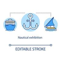 Nautical exhibition concept icon. Open-air museum. Aquatic transport display. Navy vessel. Maritime exposition idea thin line illustration. Vector isolated outline drawing. Editable stroke