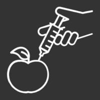 manzana con icono de tiza de jeringa. alimentos modificados genéticamente, frutas. química Orgánica. modificación del adn. genoma cambiante. tecnologías agrícolas modernas. ilustración de pizarra de vector aislado