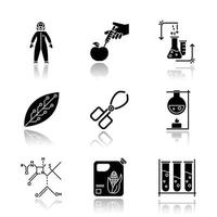 Science development drop shadow black glyph icons set. Biotechnologies equipment. Experiment method. Working in laboratory. Changing nature. Organic chemistry research. Isolated vector illustrations