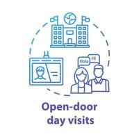 Open door day visits concept icon. Presentation of international university. Study invitation. University entrance idea thin line illustration. Vector isolated outline drawing