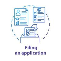 Filling an application concept icon. Submission of documents. Recruitment service. Candidate for vacant position idea thin line illustration. Vector isolated outline drawing