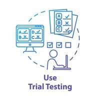 Use trial testing concept icon. Passing online test. Check knowledge and level of training. Entrance examination idea thin line illustration. Vector isolated outline drawing