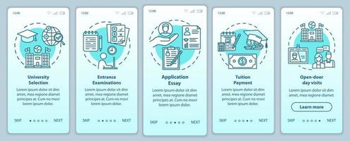 University entrance onboarding mobile app page screen vector template. Tuition payment. Essay, exam. Walkthrough website steps with linear illustrations. UX, UI, GUI smartphone interface concept