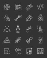 Science and nature interaction chalk icons set. Biotechnologies equipment. Experiment methodology. Working in laboratory. Product synthesis. Organic chemistry. Isolated vector chalkboard illustrations