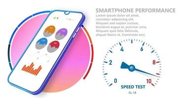 Smartphone performance. Ui and Ux design with analytics. Mobile phone panel. Active smartphone screen with arrow indicator. Vector illustration.