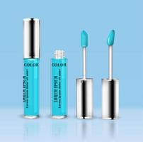 Lip gloss blue, isolated. Plastic transparent bottle, design template, mock up. Foreground. Vector illustration.